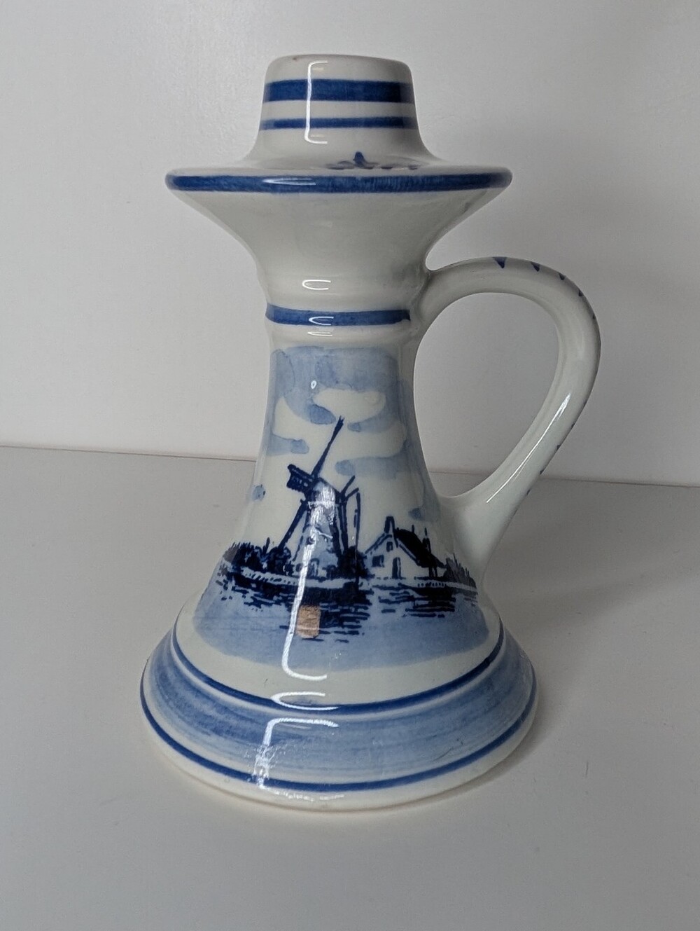 Dutch Blue & White Ceramic Candlestick holder with Blue Windmill and Houses